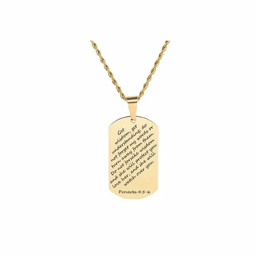 Gold Stainless Steel Scripture Tag Necklace with 22 Inch Rope Chain