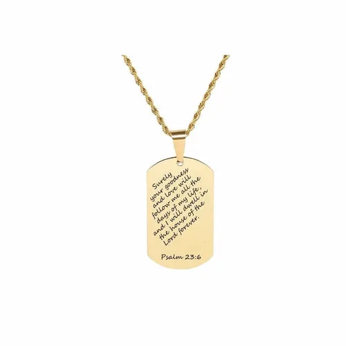 Gold Stainless Steel Scripture Tag Necklace with 22 Inch Rope Chain