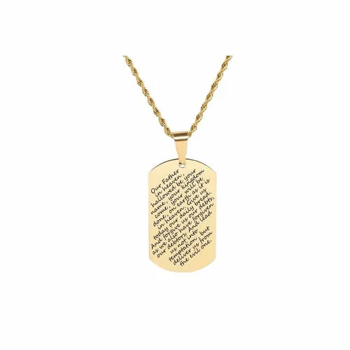 Gold Stainless Steel Scripture Tag Necklace with 22 Inch Rope Chain