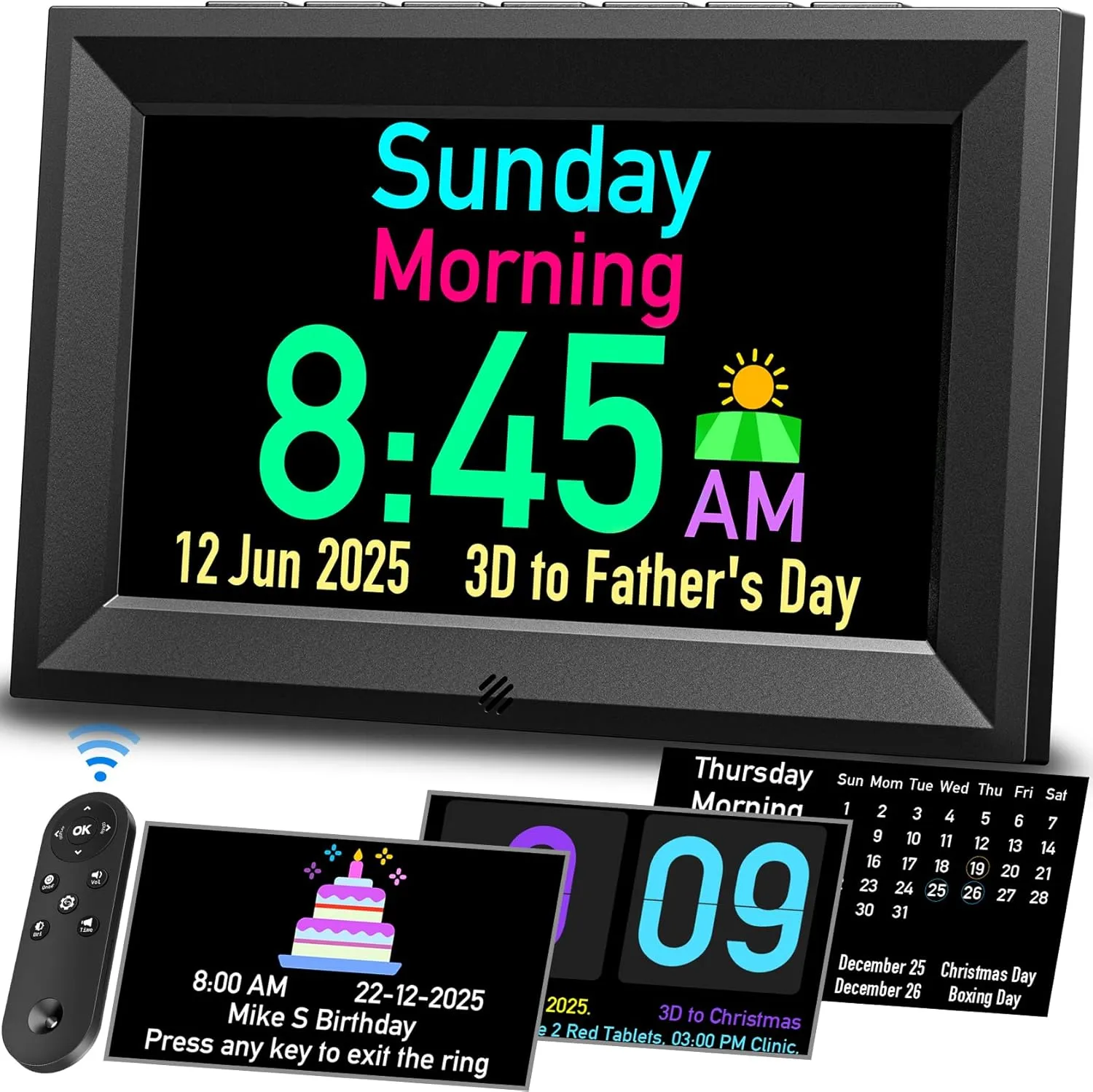 GOLOZA 7'' Digital Calendar Clock, Talking Clock with 10 Volumes, 6 Display with 10 Color Modes, Auto Dimmable, Alarms & Birthday & Holiday Reminders, 3 Pill Reminders Clocks for Kids Adults Seniors