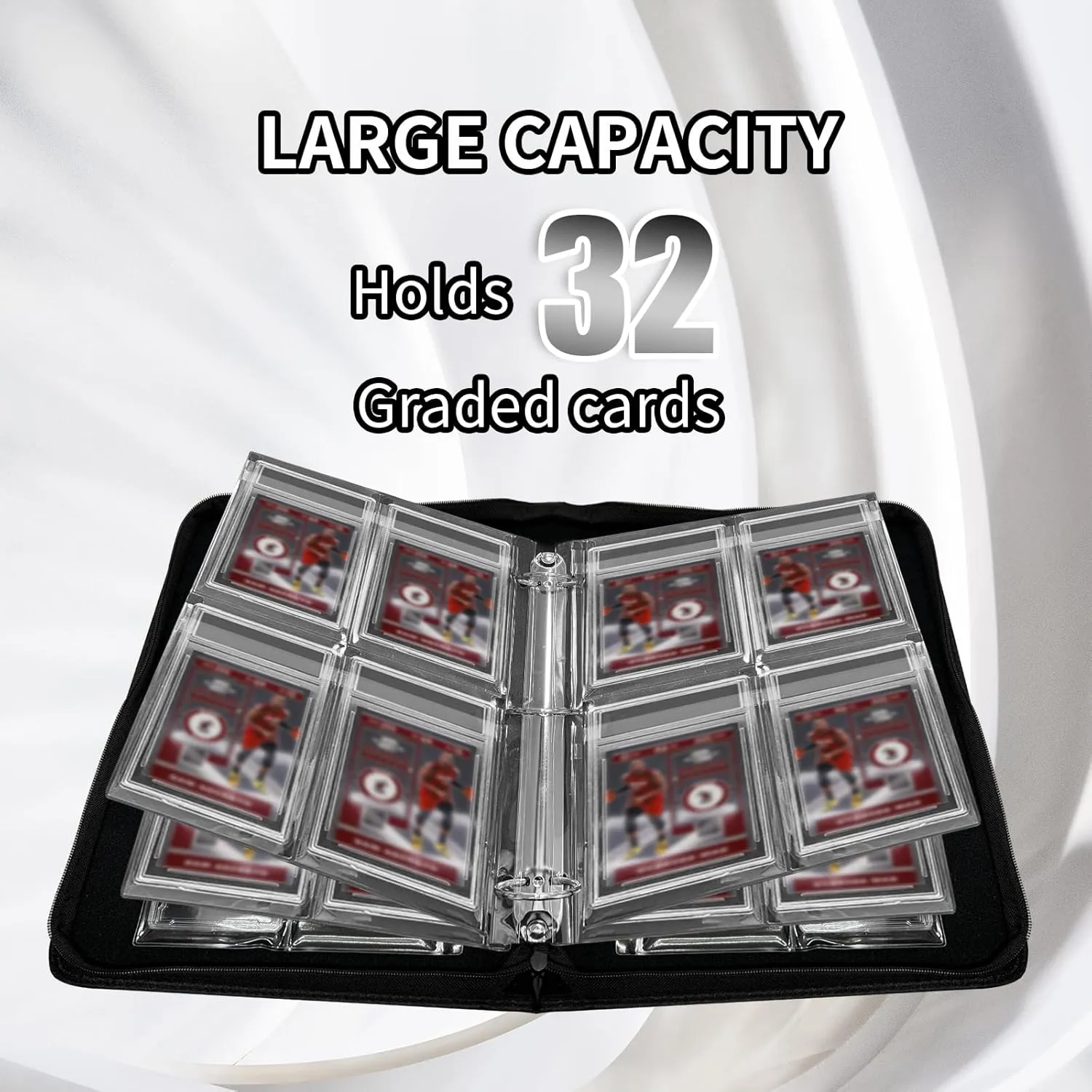 Graded Card Binder, 4 Pocket Slab Binder Holds 32 Graded Cards equipped with handle, 3 Ring Detachable Graded Card Holder Sleeves, Zippered and Display Album for PSA, CSG, CGS, GMA & Standard Slab