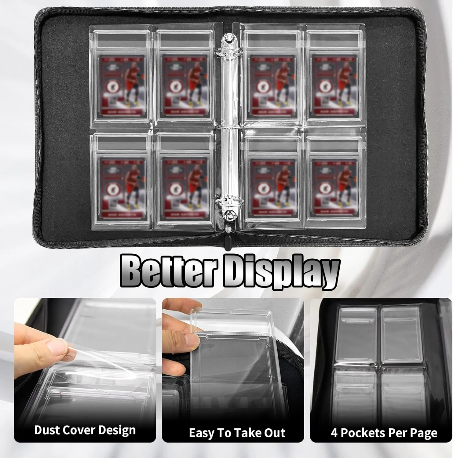 Graded Card Binder, 4 Pocket Slab Binder Holds 32 Graded Cards equipped with handle, 3 Ring Detachable Graded Card Holder Sleeves, Zippered and Display Album for PSA, CSG, CGS, GMA & Standard Slab