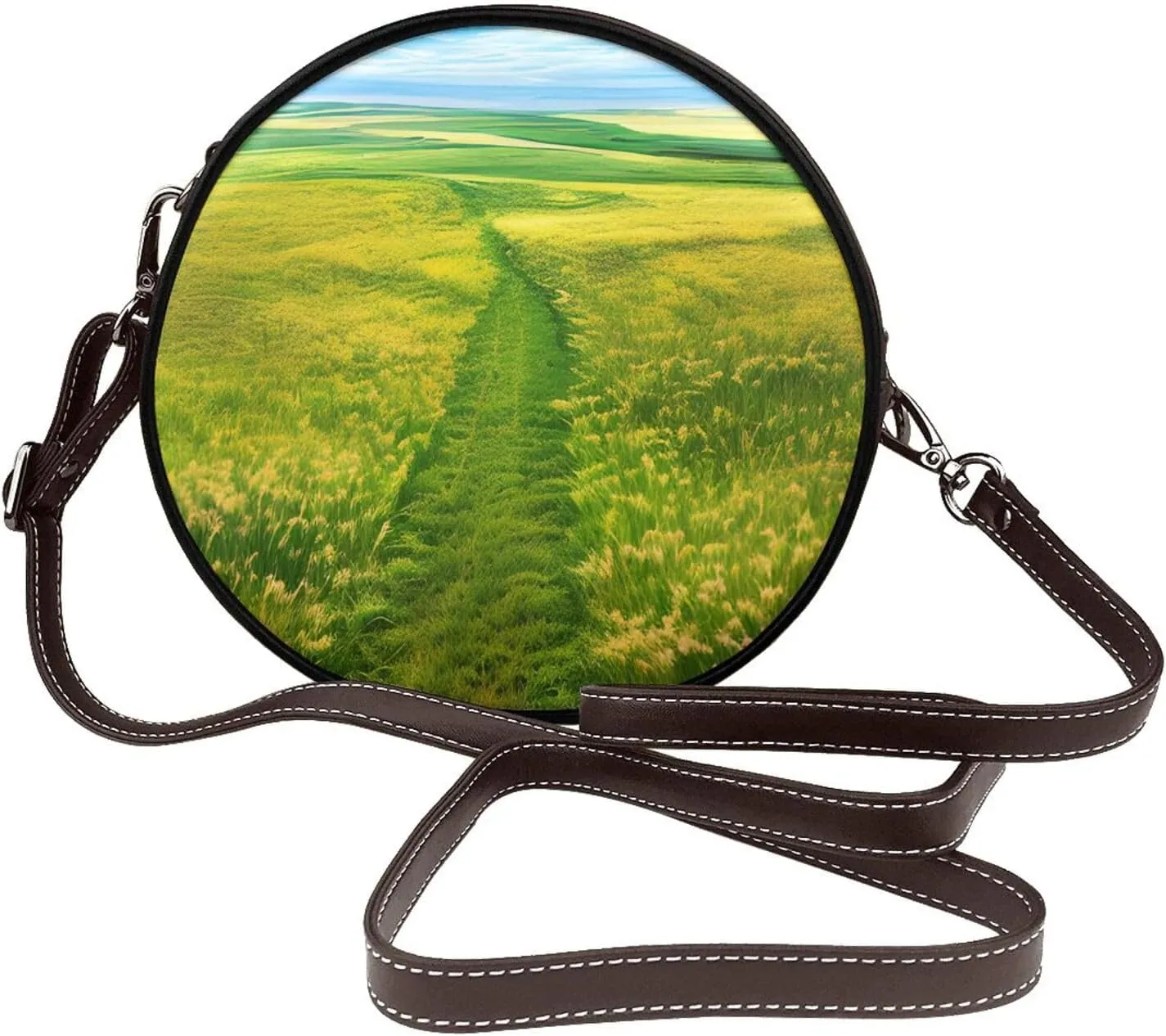Grassland Paths Removable Shoulder Strap Waterproof Leather Shoulder Round Bag Crossbody Bag Travel Shopping Dating Handbag Purse