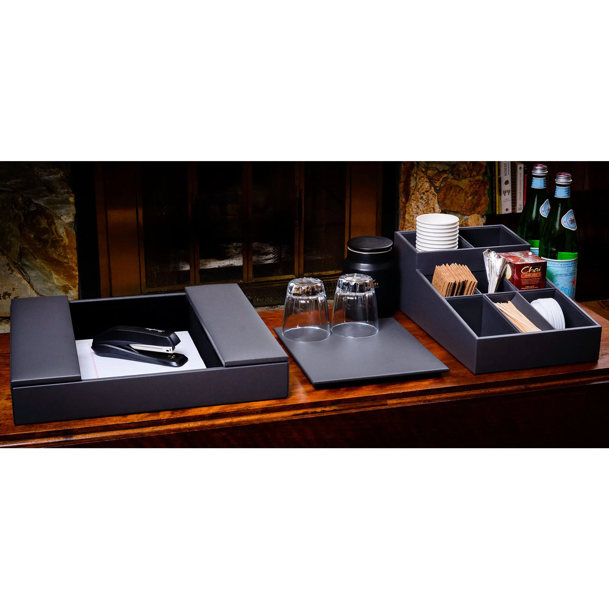 Gray Leather Coffee Condiment Organizer