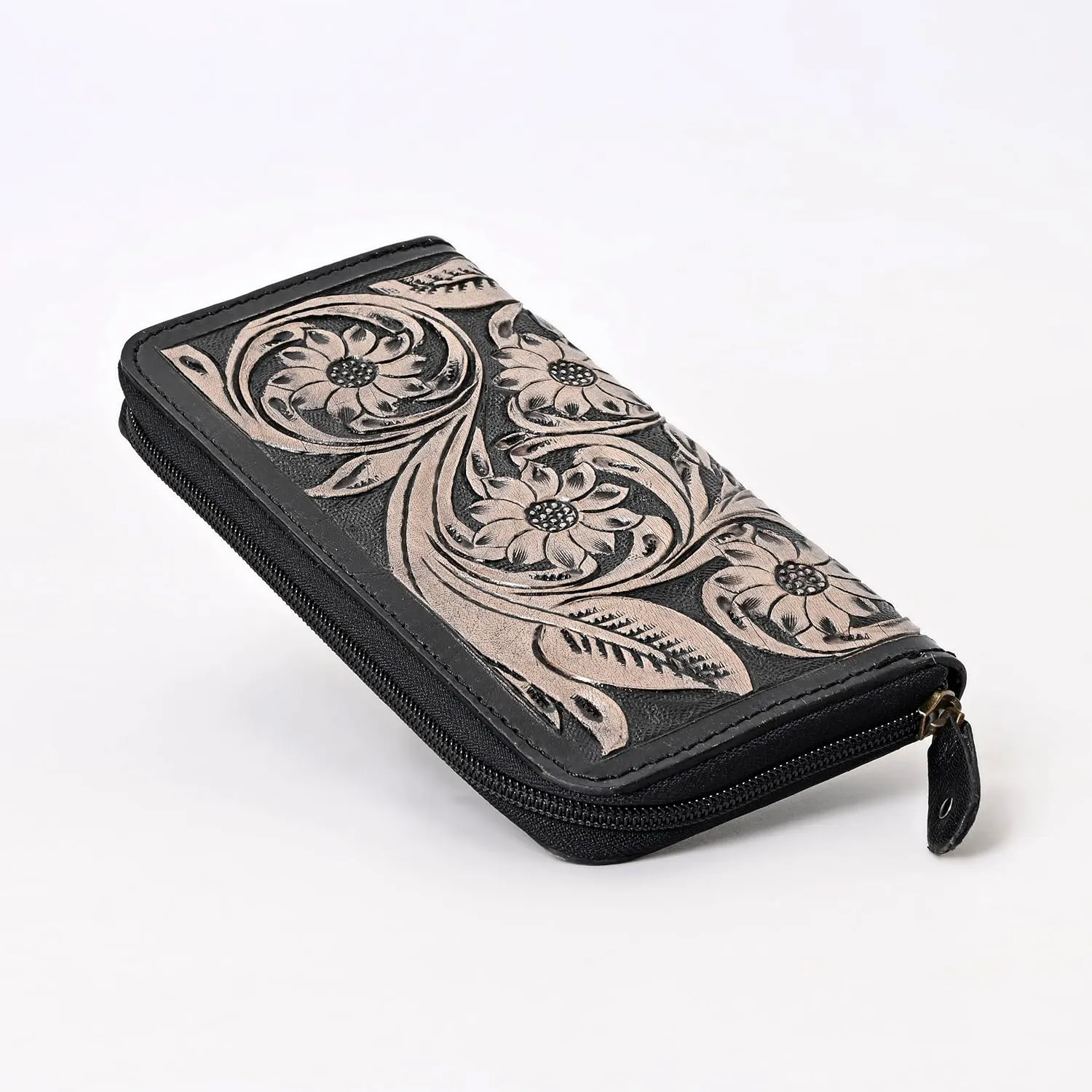 Handcrafted Western Leather Wallet for Women Cowhide Hand Wrist Wallet Card Holder RFID Protected Hand Purses Leather Hand Bag Genuine Leather Handtooled Wallet with Multi Pockets
