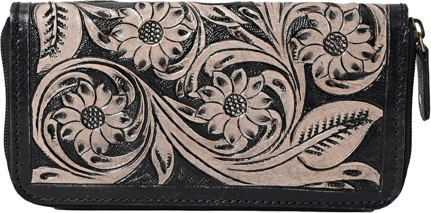 Handcrafted Western Leather Wallet for Women Cowhide Hand Wrist Wallet Card Holder RFID Protected Hand Purses Leather Hand Bag Genuine Leather Handtooled Wallet with Multi Pockets