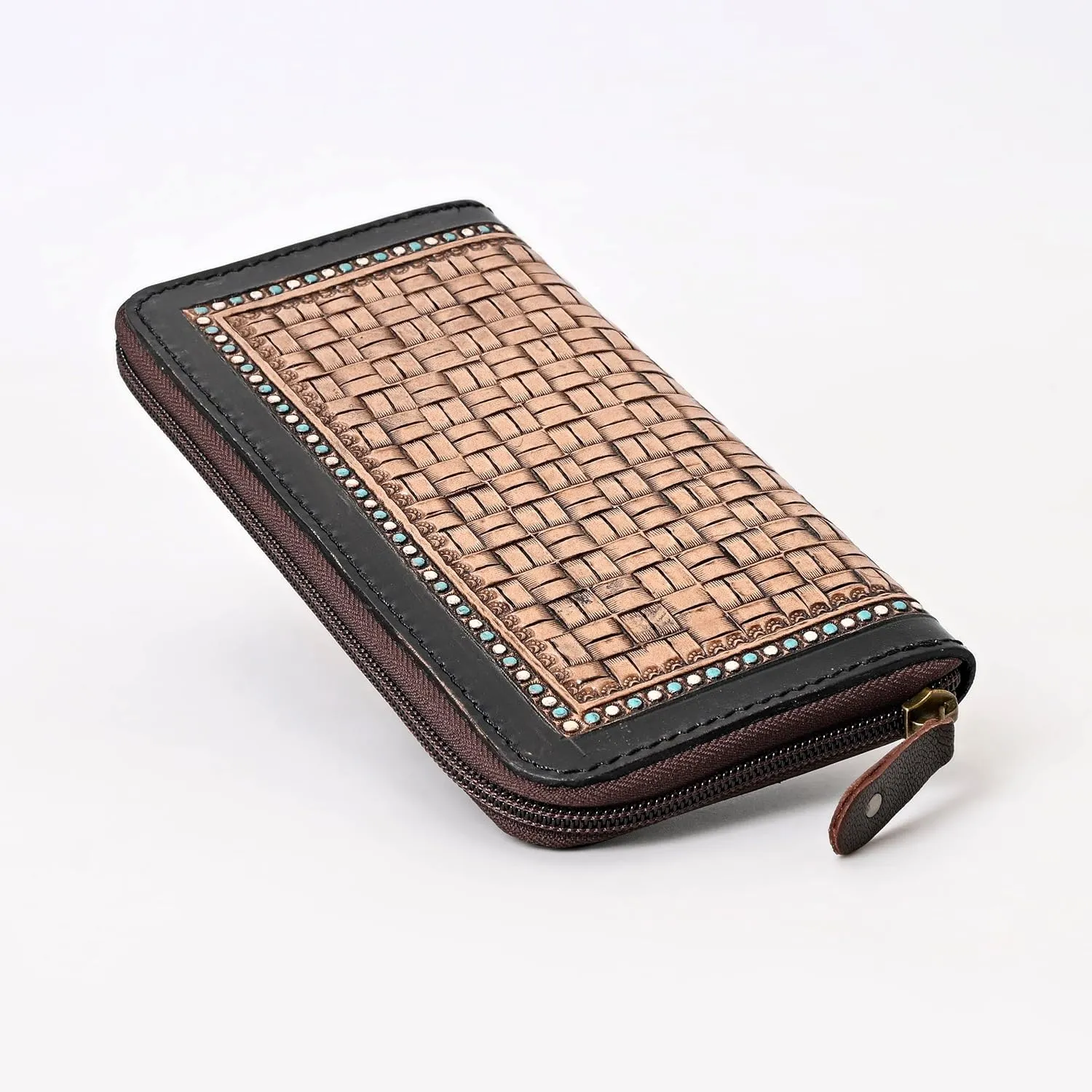 Handcrafted Western Leather Wallet for Women Cowhide Hand Wrist Wallet Card Holder RFID Protected Hand Purses Leather Hand Bag Genuine Leather Handtooled Wallet with Multi Pockets