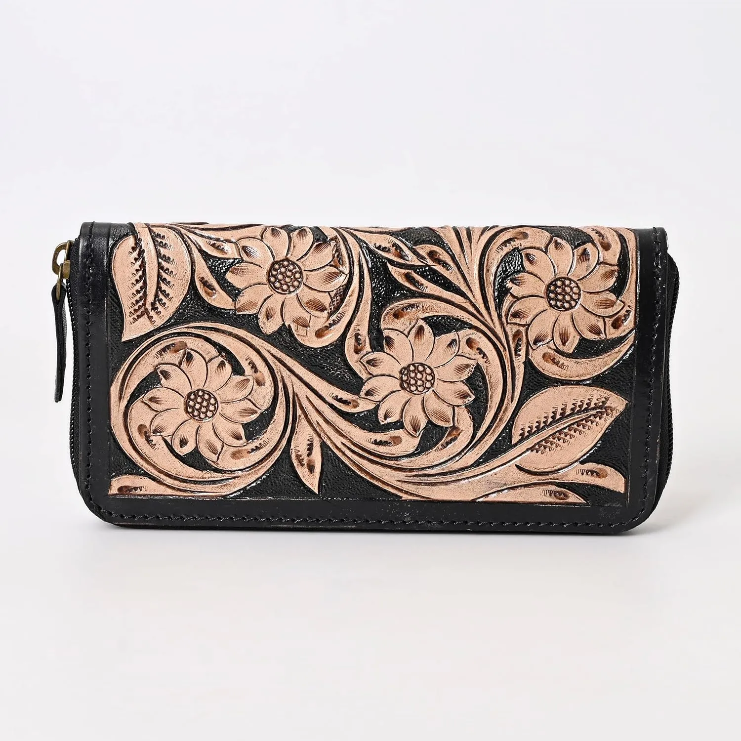 Handcrafted Western Leather Wallet for Women Cowhide Hand Wrist Wallet Card Holder RFID Protected Hand Purses Leather Hand Bag Genuine Leather Handtooled Wallet with Multi Pockets