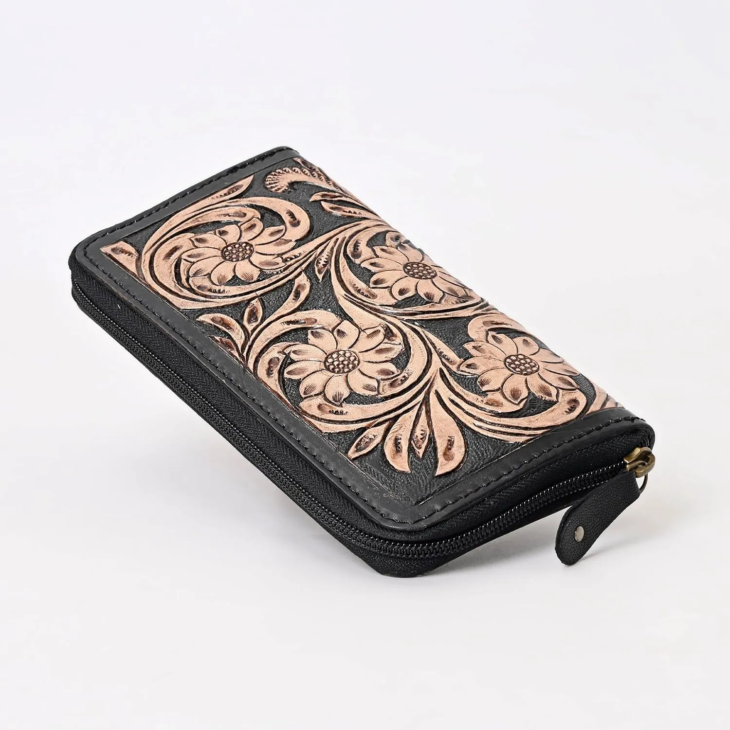 Handcrafted Western Leather Wallet for Women Cowhide Hand Wrist Wallet Card Holder RFID Protected Hand Purses Leather Hand Bag Genuine Leather Handtooled Wallet with Multi Pockets