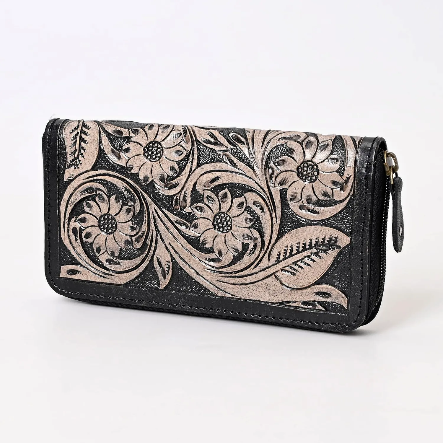 Handcrafted Western Leather Wallet for Women Cowhide Hand Wrist Wallet Card Holder RFID Protected Hand Purses Leather Hand Bag Genuine Leather Handtooled Wallet with Multi Pockets