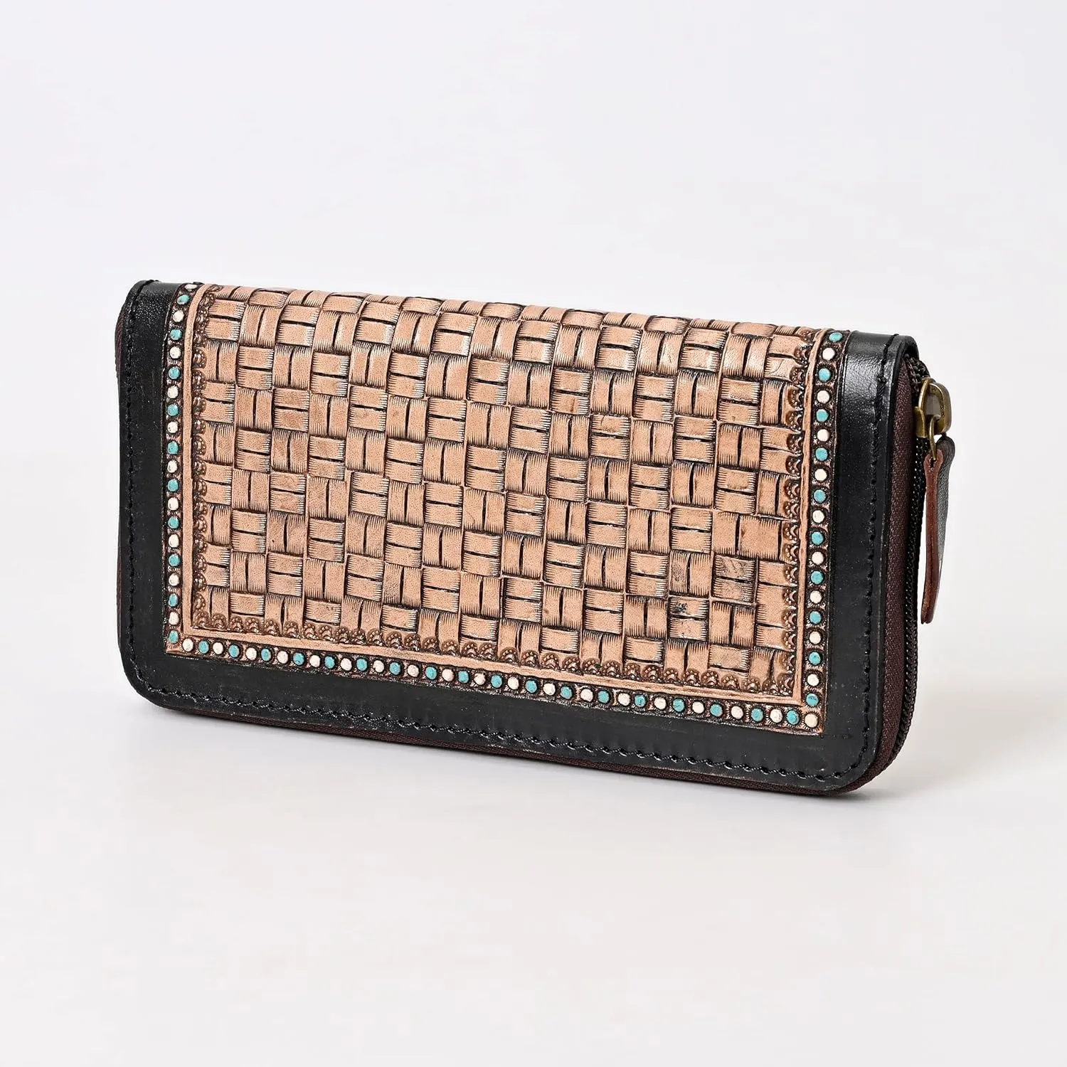Handcrafted Western Leather Wallet for Women Cowhide Hand Wrist Wallet Card Holder RFID Protected Hand Purses Leather Hand Bag Genuine Leather Handtooled Wallet with Multi Pockets