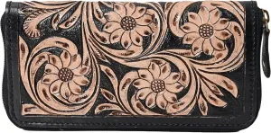 Handcrafted Western Leather Wallet for Women Cowhide Hand Wrist Wallet Card Holder RFID Protected Hand Purses Leather Hand Bag Genuine Leather Handtooled Wallet with Multi Pockets
