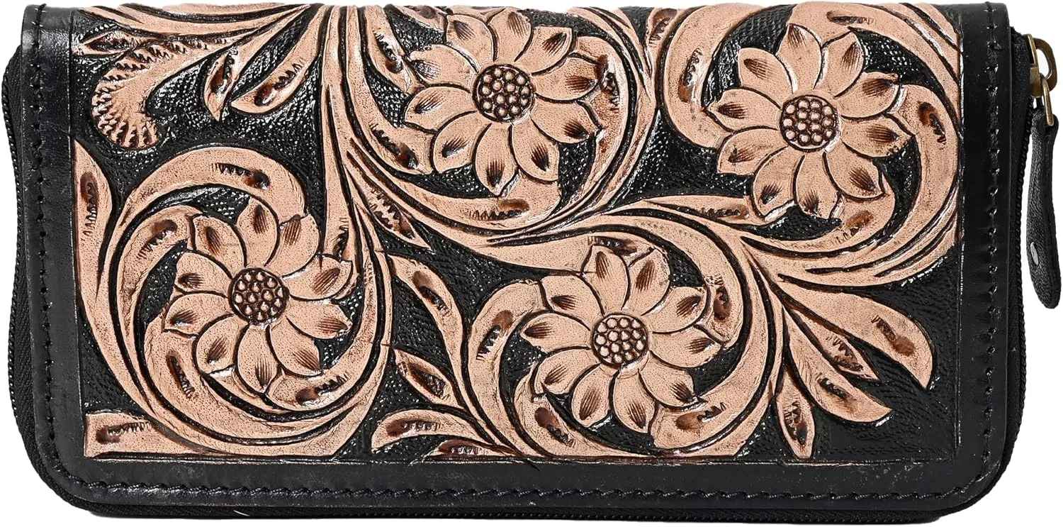 Handcrafted Western Leather Wallet for Women Cowhide Hand Wrist Wallet Card Holder RFID Protected Hand Purses Leather Hand Bag Genuine Leather Handtooled Wallet with Multi Pockets