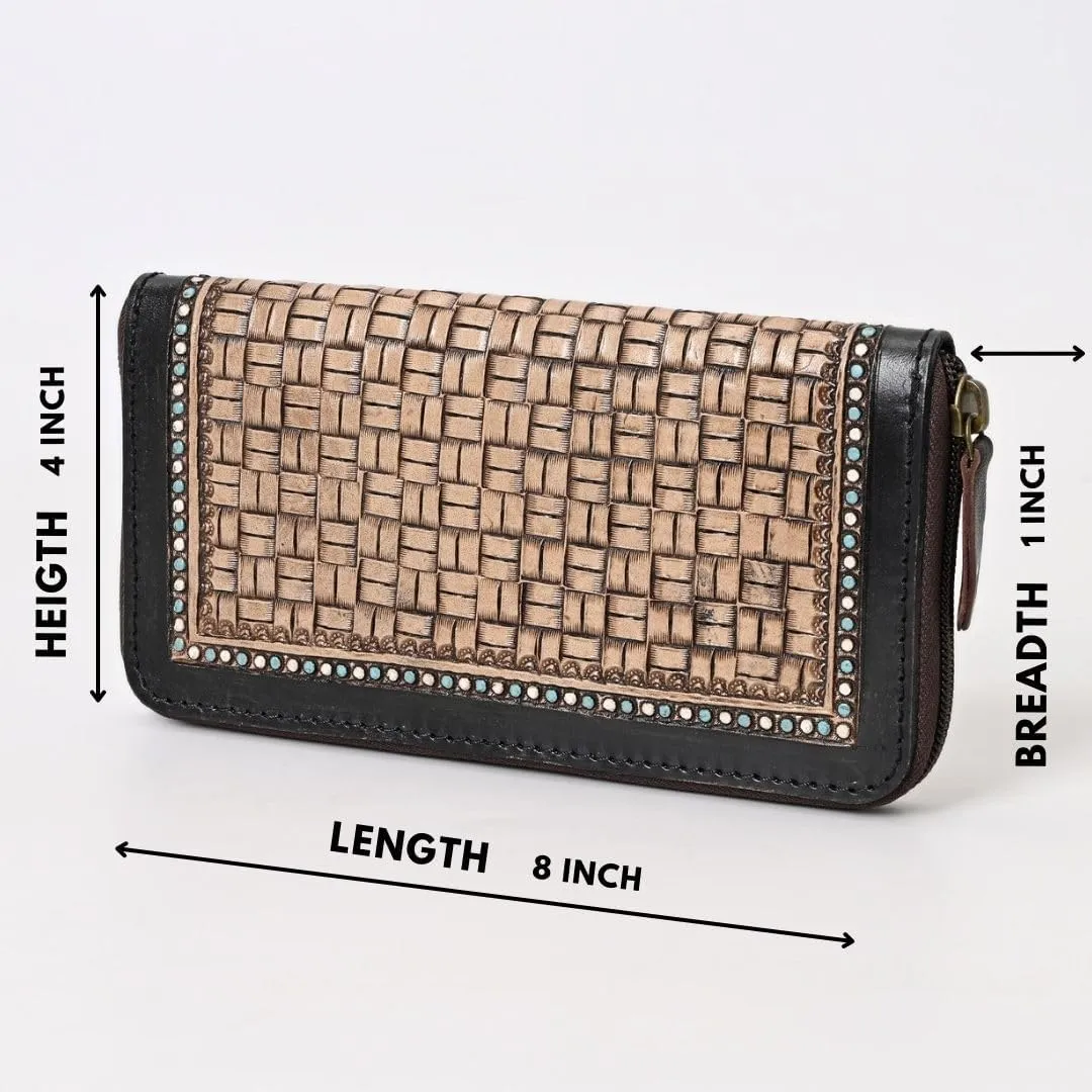 Handcrafted Western Leather Wallet for Women Cowhide Hand Wrist Wallet Card Holder RFID Protected Hand Purses Leather Hand Bag Genuine Leather Handtooled Wallet with Multi Pockets