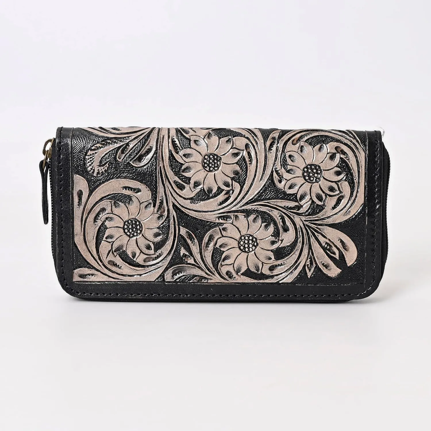 Handcrafted Western Leather Wallet for Women Cowhide Hand Wrist Wallet Card Holder RFID Protected Hand Purses Leather Hand Bag Genuine Leather Handtooled Wallet with Multi Pockets