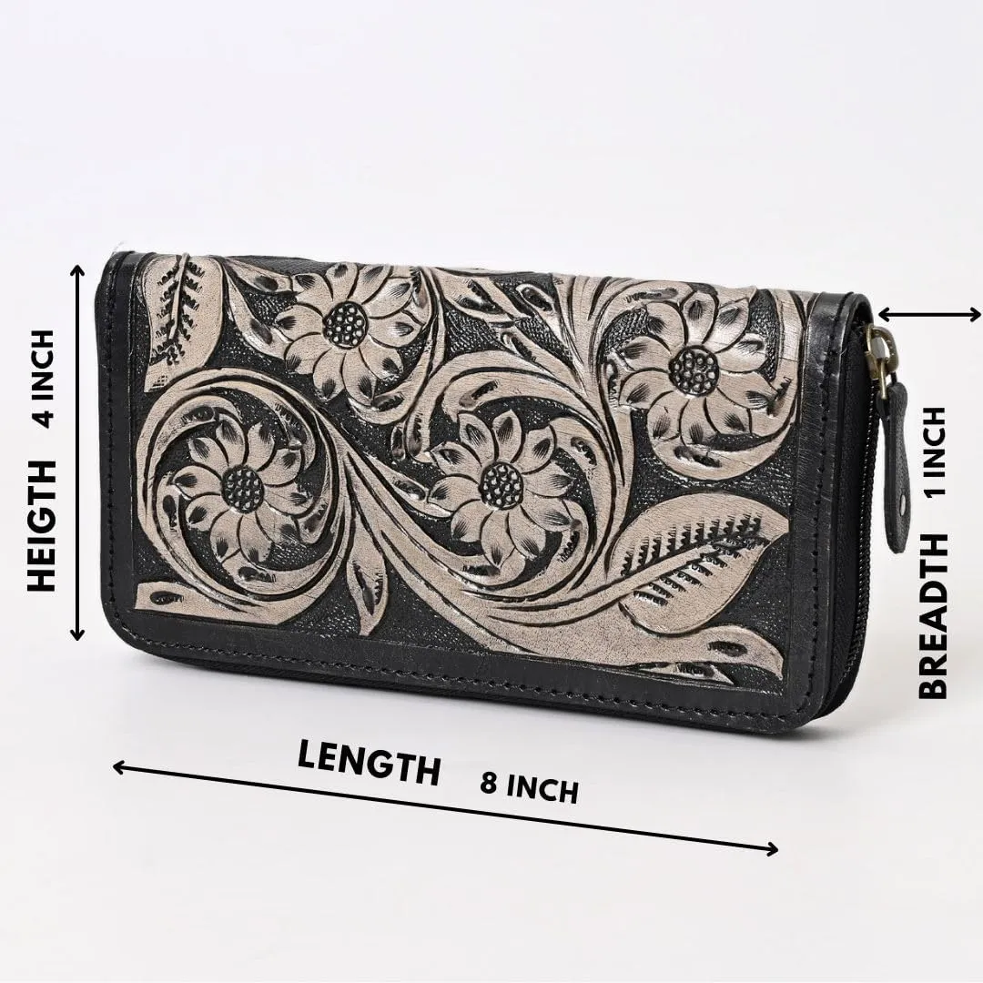Handcrafted Western Leather Wallet for Women Cowhide Hand Wrist Wallet Card Holder RFID Protected Hand Purses Leather Hand Bag Genuine Leather Handtooled Wallet with Multi Pockets