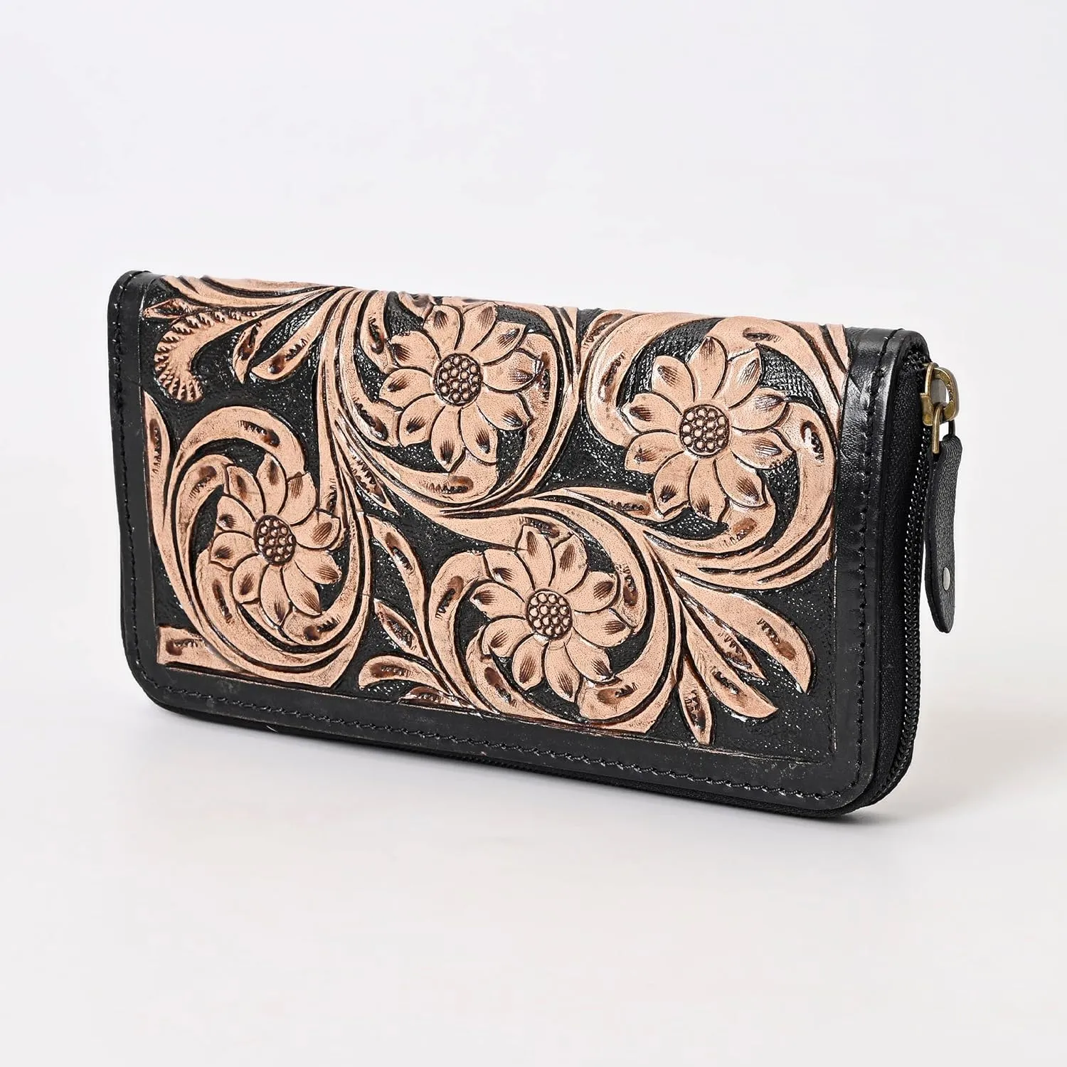 Handcrafted Western Leather Wallet for Women Cowhide Hand Wrist Wallet Card Holder RFID Protected Hand Purses Leather Hand Bag Genuine Leather Handtooled Wallet with Multi Pockets