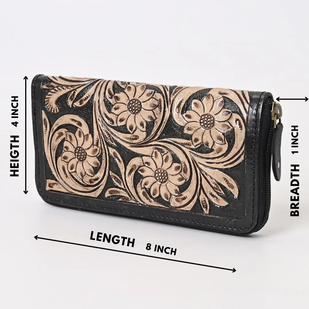Handcrafted Western Leather Wallet for Women Cowhide Hand Wrist Wallet Card Holder RFID Protected Hand Purses Leather Hand Bag Genuine Leather Handtooled Wallet with Multi Pockets
