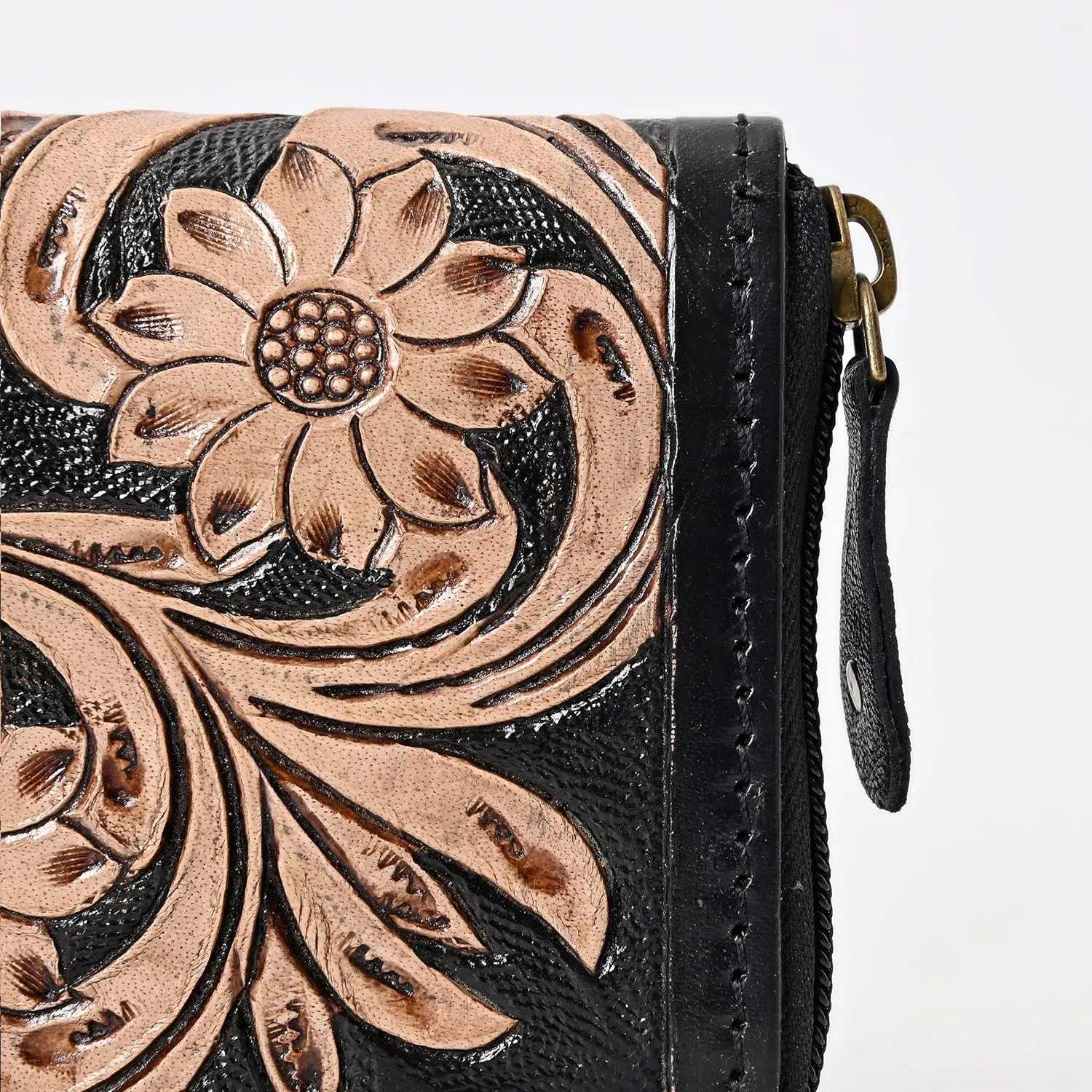 Handcrafted Western Leather Wallet for Women Cowhide Hand Wrist Wallet Card Holder RFID Protected Hand Purses Leather Hand Bag Genuine Leather Handtooled Wallet with Multi Pockets