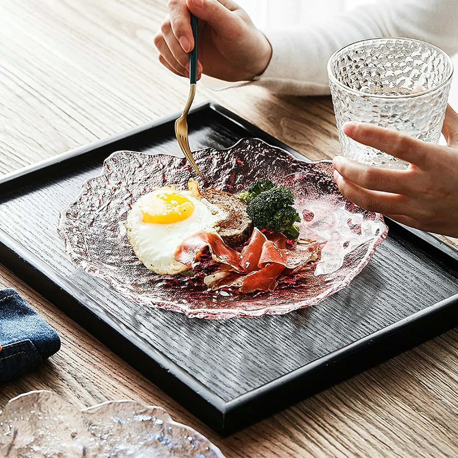 Handmade Ice Dew Glass Plate, Household Fruit Snack Plate - 9.5 inches - Transparent Large