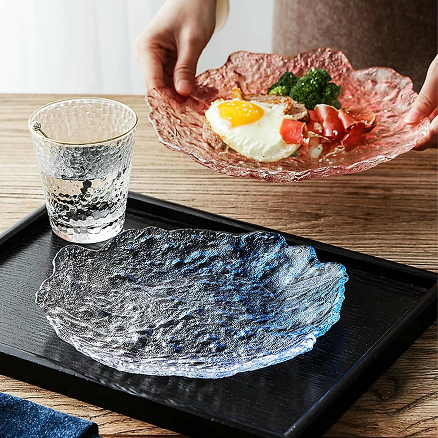 Handmade Ice Dew Glass Plate, Household Fruit Snack Plate - 9.5 inches - Transparent Large
