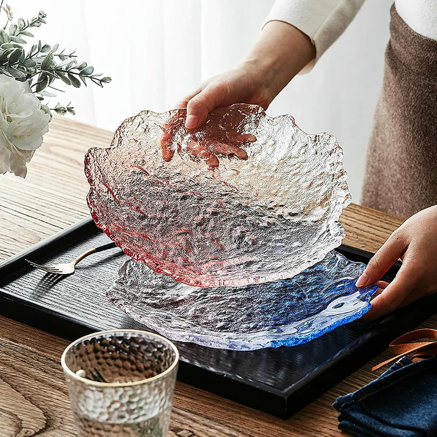 Handmade Ice Dew Glass Plate, Household Fruit Snack Plate - 9.5 inches - Transparent Large