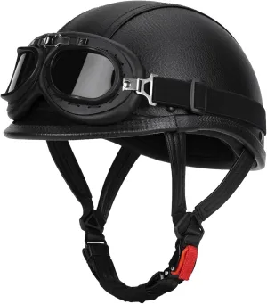 Handmade Leather Motorcycle Helmet Retro Half Face Helmet for Adults Men & Women, Lightweight Open Face 1/2 Vintage Helmets for Moped Cruiser Scooter Chopper DOT Approved