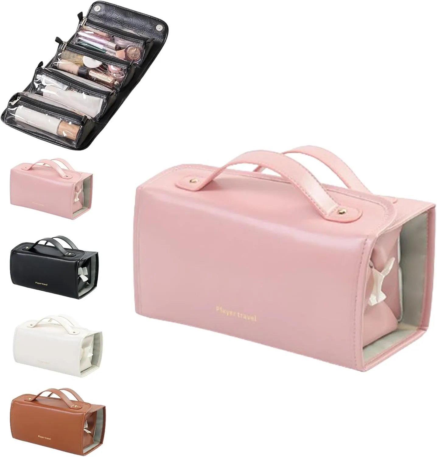 Happy Shop Cosmetic Bag, Player Travel Cosmetic Bag, Binozinco Cosmetic Bag, Basic-Chic Makeup Bag with Clear Divider and Handle, Leather Waterproof Cosmetic Bag, Player Travel Cosmetic Bag (Pink)