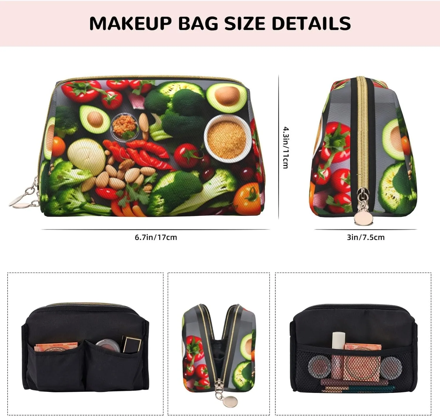 Healthy Food Toiletry Pouch, Travel-Friendly Makeup Organizer For Makeup Brushes, Lipsticks
