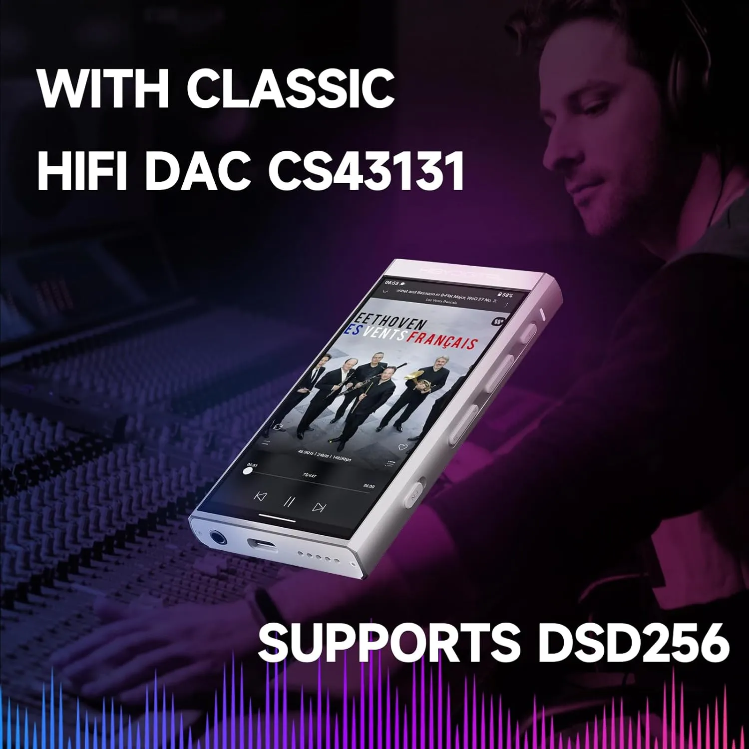 HiBy Digital M300 Music Player with Speaker Android 13 OS SD665 Soc Bluetooth WiFi and FM 1280x640 Resolution IPS Display Supports PCM768k DSD256 32G 2TB Expandable Memory Blue