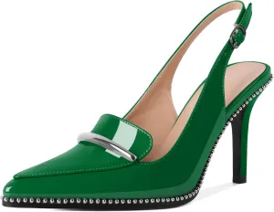 High Heel for Women Sling Back Pumps Stilettos Pointed Toe Shoes Trendy Beaded Pumps Classic Loafers Heels Event Party Green Dress Shoes Patent Leather US Size 9