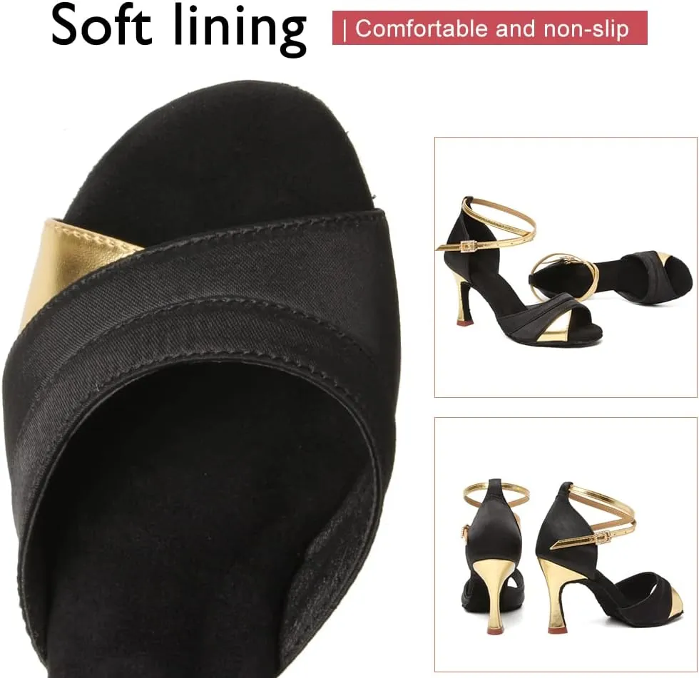 HIPPOSEUS Women's Satin Latin Dance Shoes Professional Ballroom Salsa Practice Performance Dance Shoes with High Heel