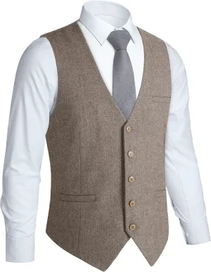 HISDERN Men's Herringbone Tweed Vest British Wedding Premium Wool Blend Suit Vest Business Formal Dress Vests Waistcoat