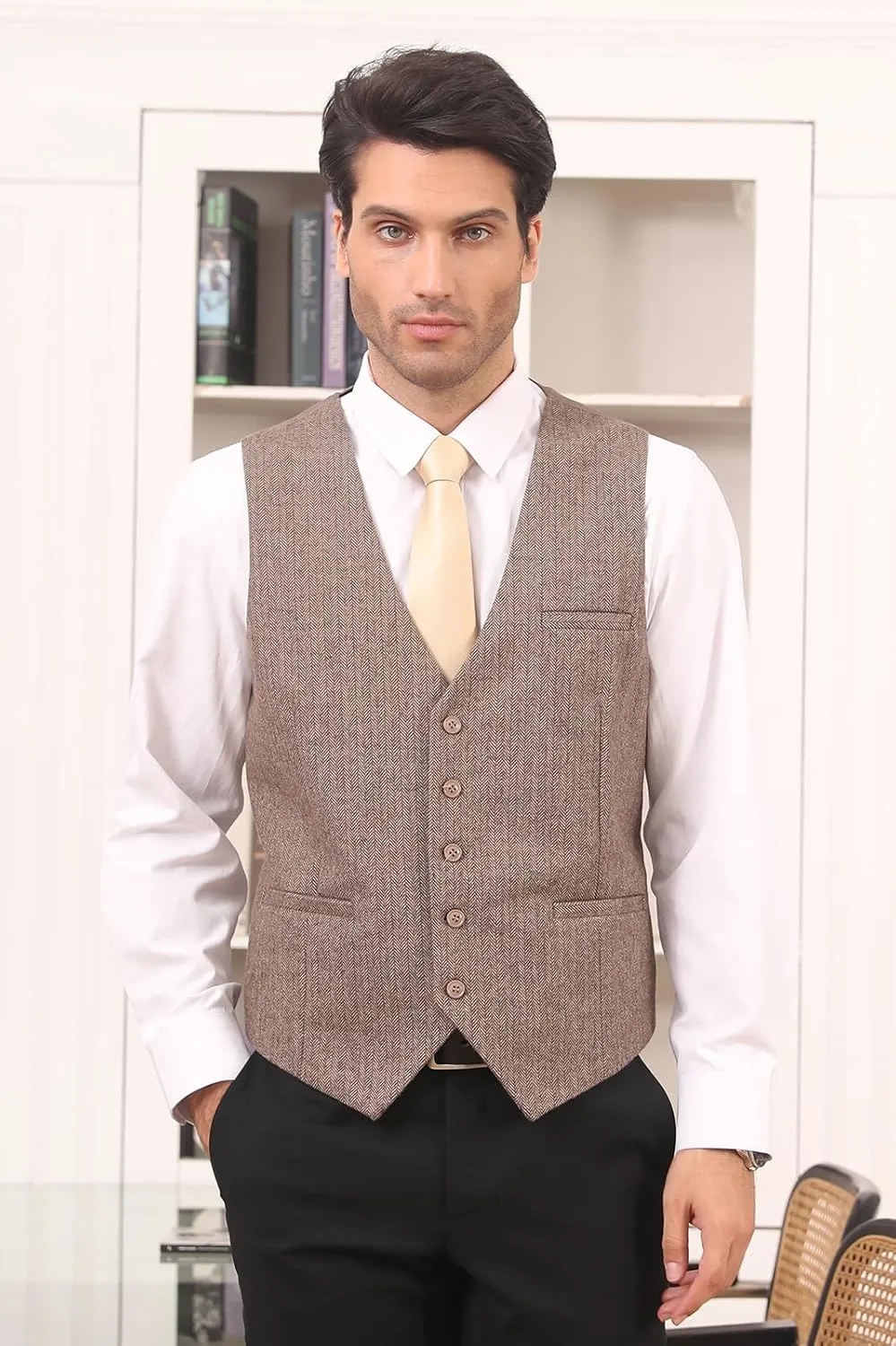 HISDERN Men's Herringbone Tweed Vest British Wedding Premium Wool Blend Suit Vest Business Formal Dress Vests Waistcoat