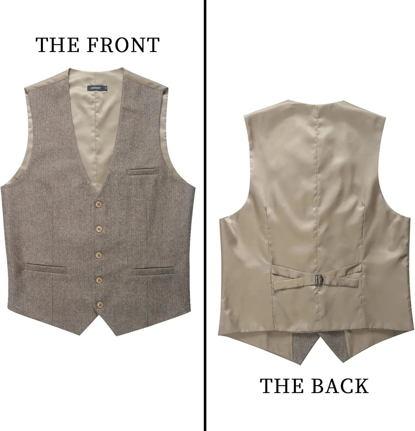 HISDERN Men's Herringbone Tweed Vest British Wedding Premium Wool Blend Suit Vest Business Formal Dress Vests Waistcoat