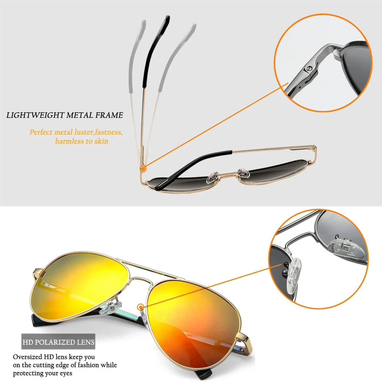 HJSTES Polarized Aviator Sunglasses for Women Men Classic Metal Shades Mirror Lens 100% UV Blocking, 58mm
