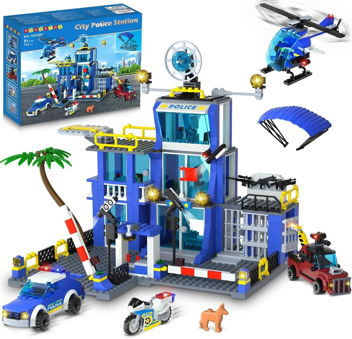 HOGOKIDS City Police Station Building Toys with LED Light - 734pcs Police Building Block Sets with Helicopter Police Motorcycle Vehicle Armored Car, Gift for Kids Boys Girls Age 8-12 