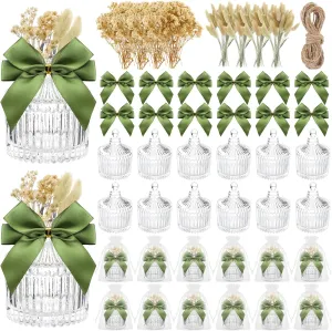 Honeydak 12 Sets Wedding Favors for Guests Luxury Wedding Glass Candy Jars Candle Holders with Lids Mini Dried Flowers Bows Organza Bags for Bridal Shower Baby Shower Party Favor Gifts (Green)