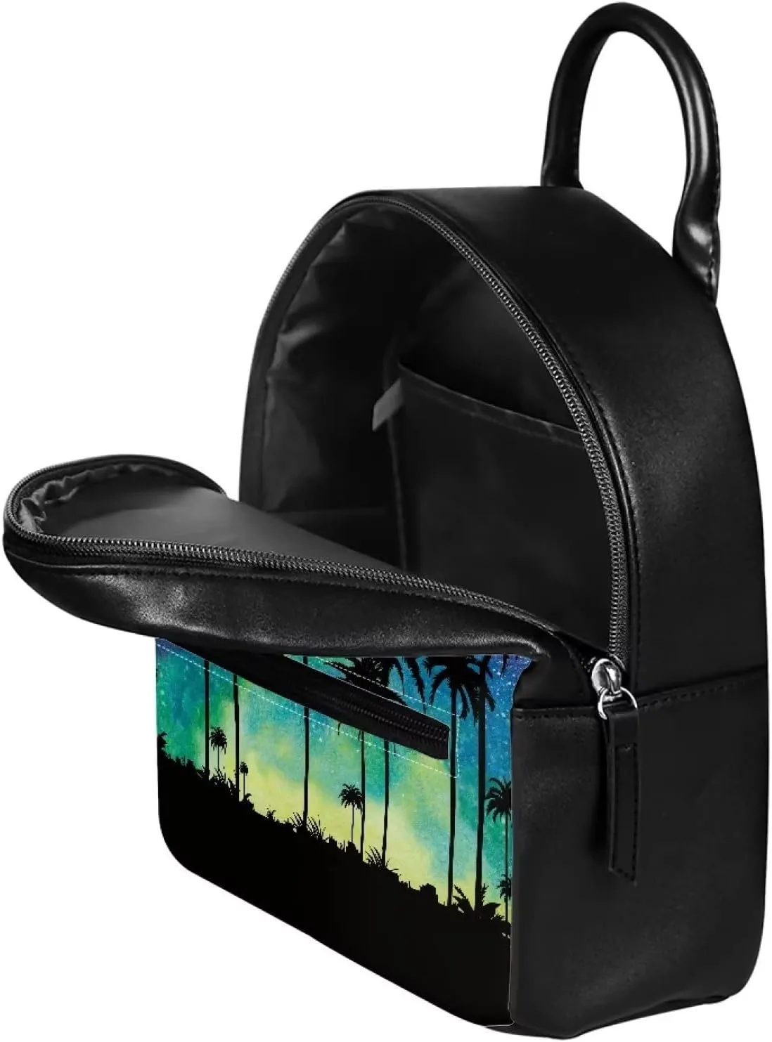 HUGS IDEA Aurora Forest Pattern Small Leather Backpack Purse for Women Cute Mini Shoulder Daypack with Adjustable Straps Multipurpose Pouch