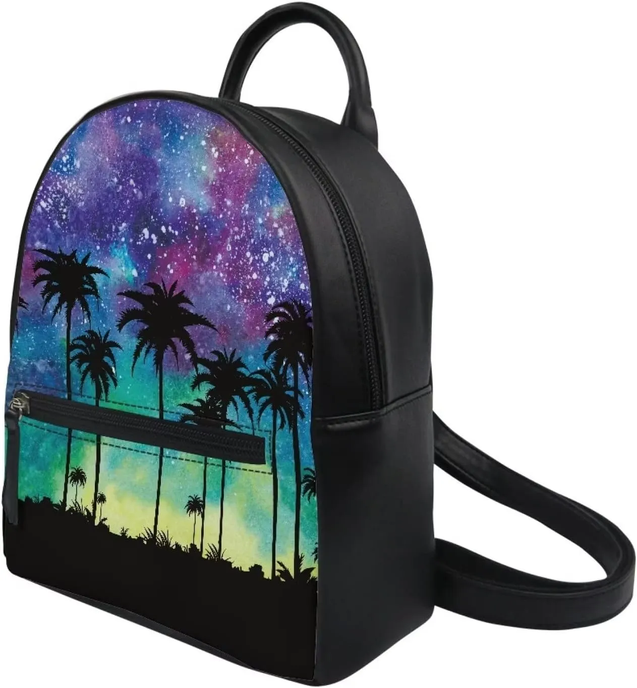 HUGS IDEA Aurora Forest Pattern Small Leather Backpack Purse for Women Cute Mini Shoulder Daypack with Adjustable Straps Multipurpose Pouch