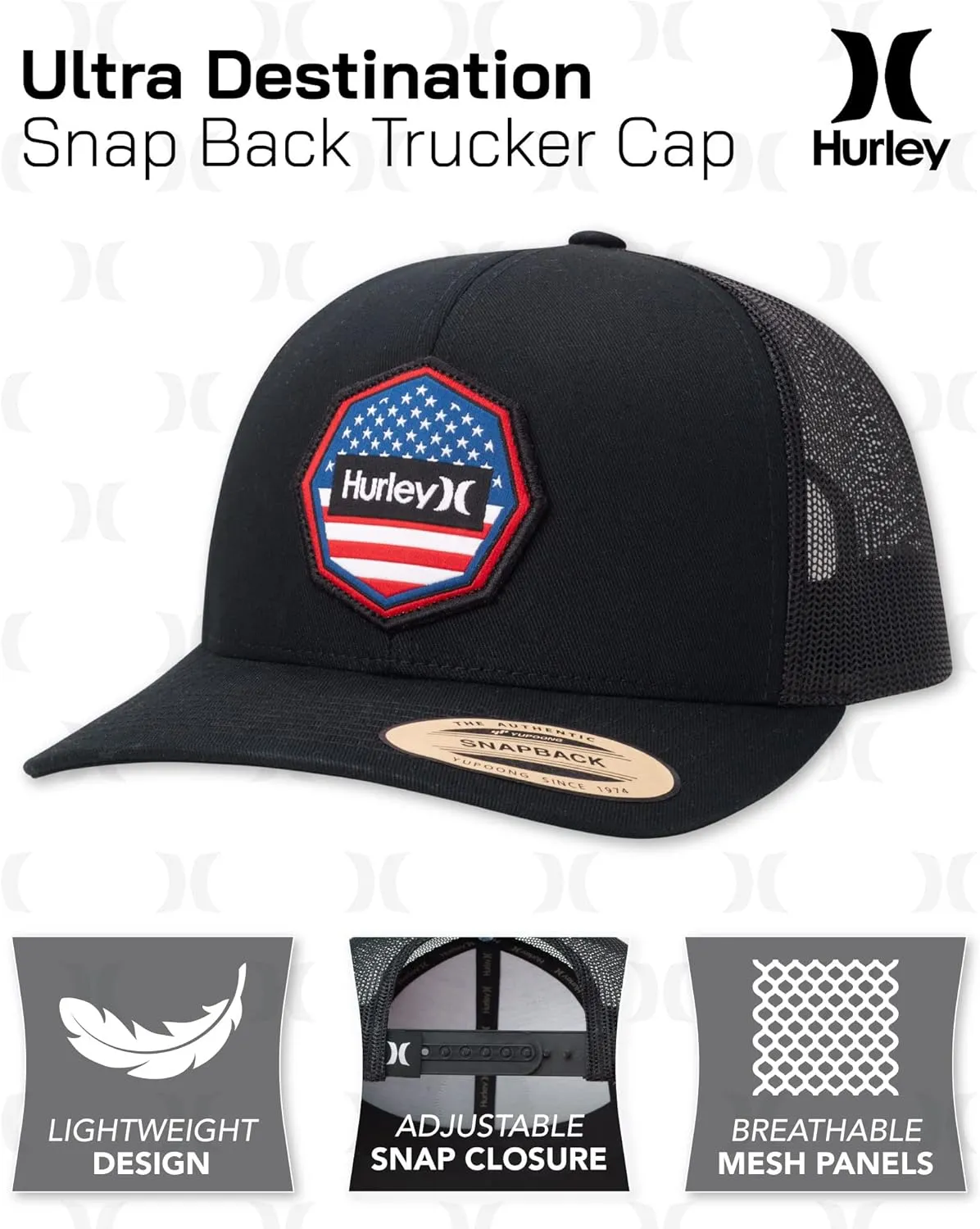 Hurley Men’s Trucker Hat - Flat Brim Mesh Baseball Cap and Hats for Men with Adjustable Snapback Closure
