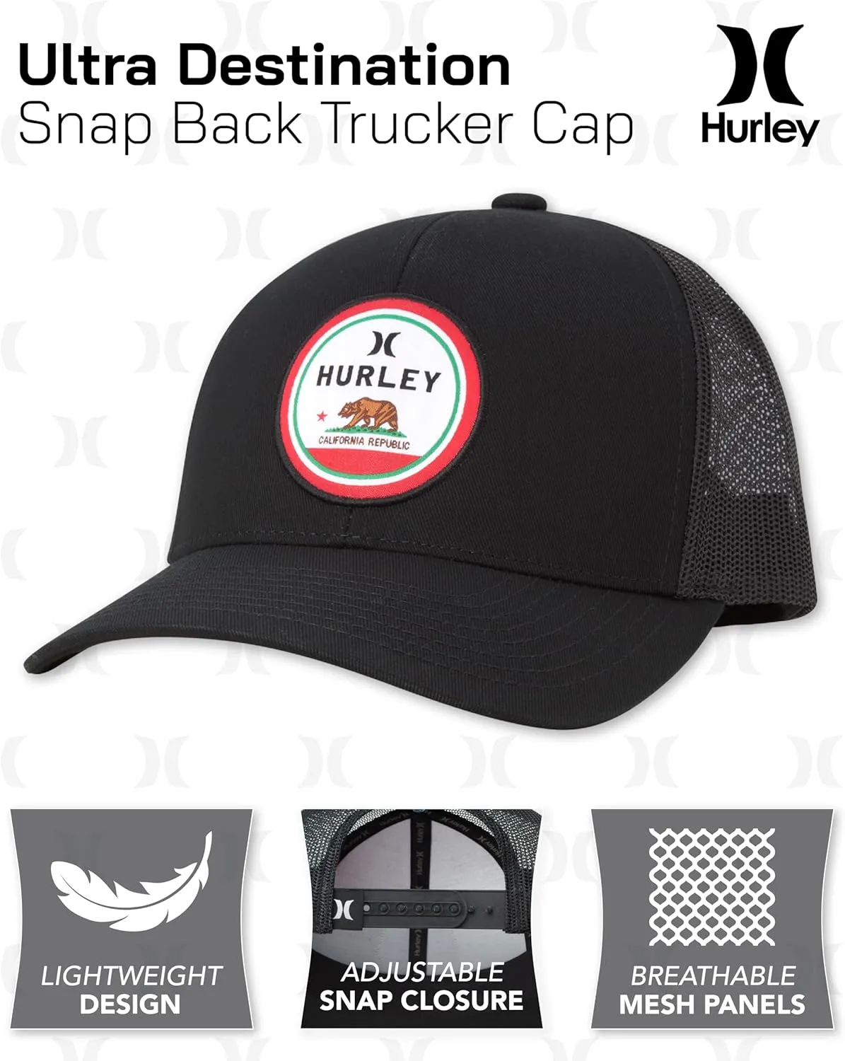 Hurley Men’s Trucker Hat - Flat Brim Mesh Baseball Cap and Hats for Men with Adjustable Snapback Closure