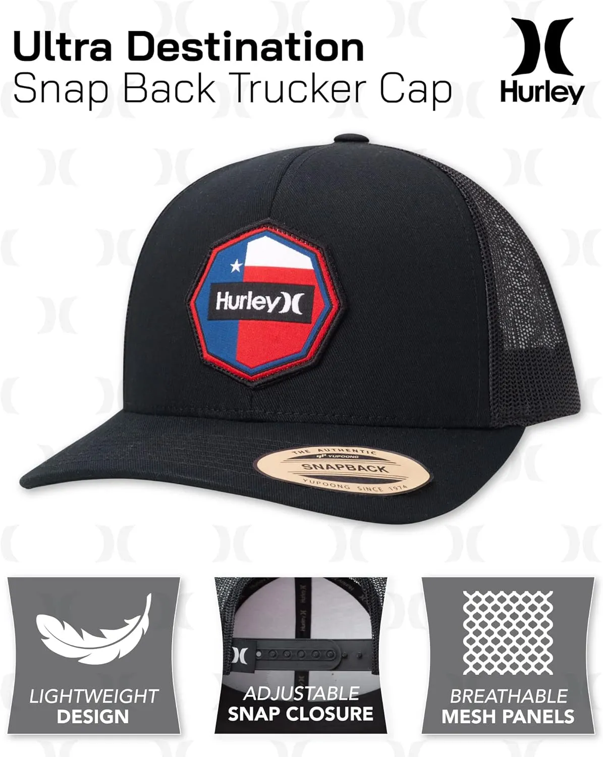 Hurley Men’s Trucker Hat - Flat Brim Mesh Baseball Cap and Hats for Men with Adjustable Snapback Closure