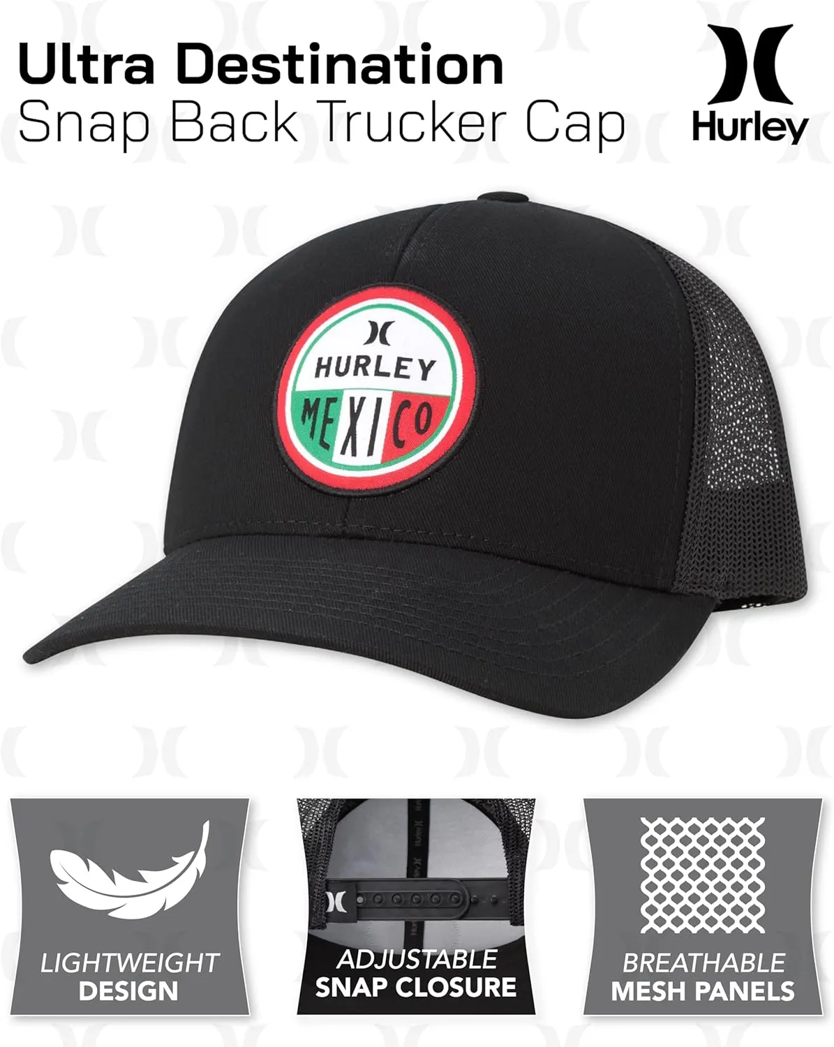 Hurley Men’s Trucker Hat - Flat Brim Mesh Baseball Cap and Hats for Men with Adjustable Snapback Closure