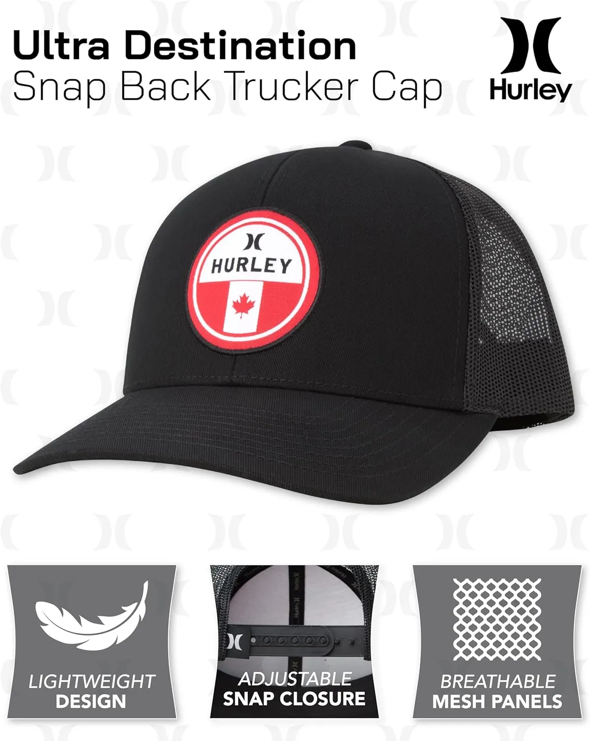 Hurley Men’s Trucker Hat - Flat Brim Mesh Baseball Cap and Hats for Men with Adjustable Snapback Closure