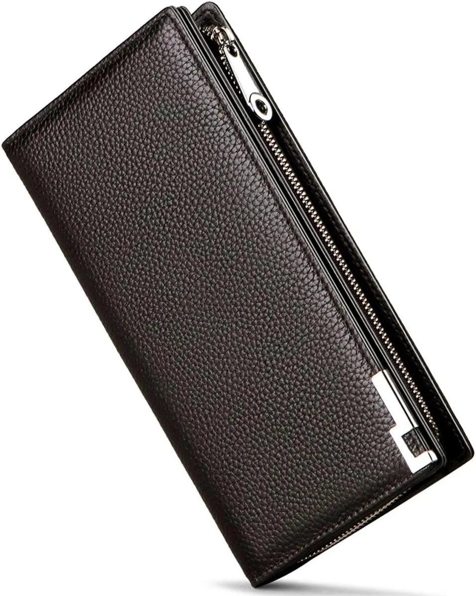 Huztencor Long Wallets for Men Leather RFID Blocking Bifold Wallet with Zipper