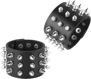 HZMAN Unisex Black Metal Spike Studded Punk Rock Biker Wide Strap Leather Bracelet