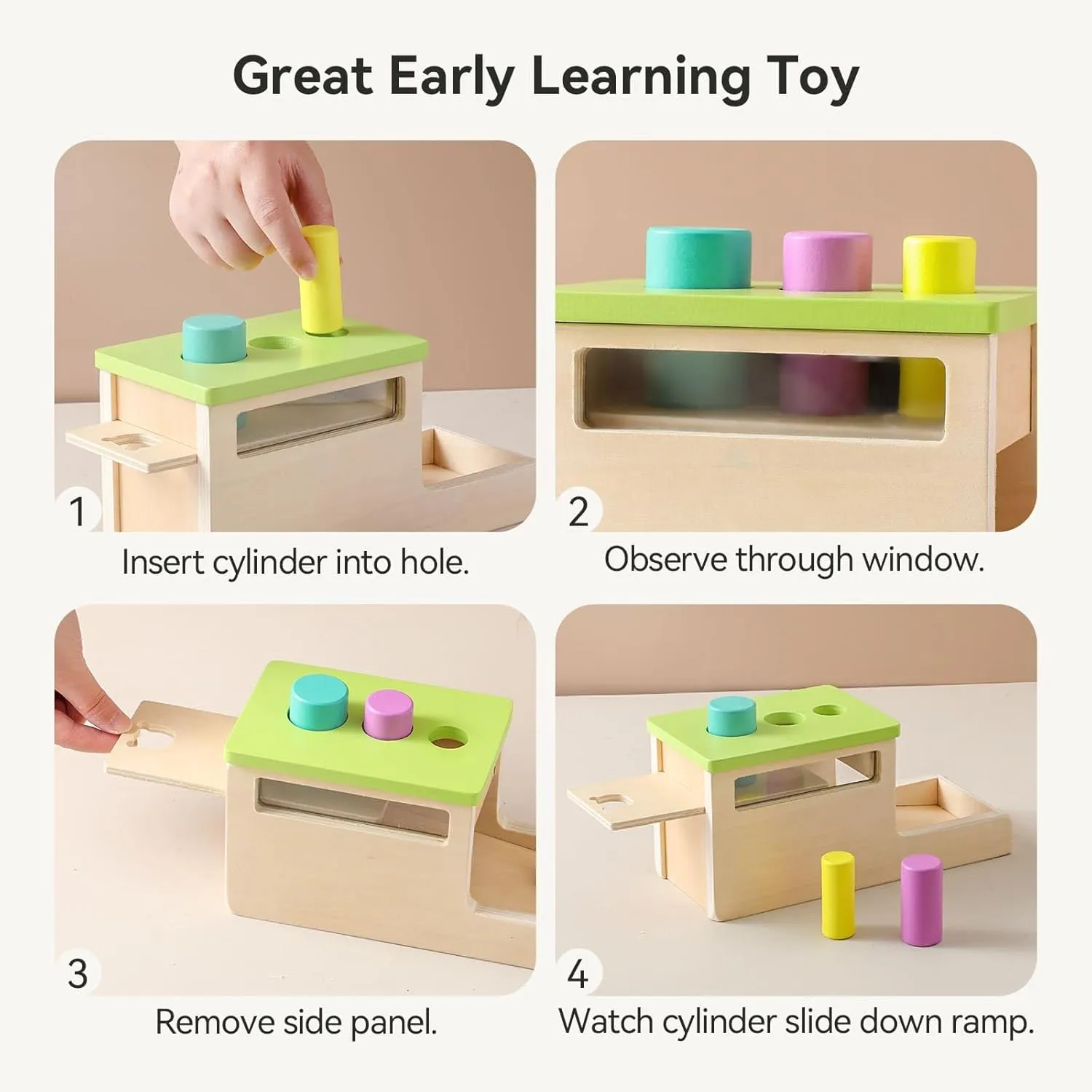 IEATFO Montessori Wooden Peg Drop Toy | Educational Size Matching Game for Toddlers | Cylindrical Drop Box Toy with Transparent Viewing Window
