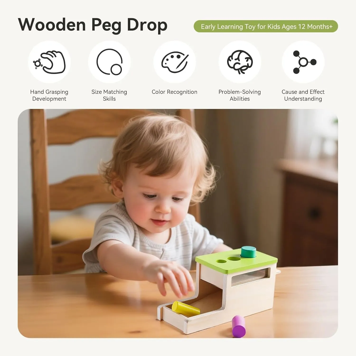 IEATFO Montessori Wooden Peg Drop Toy | Educational Size Matching Game for Toddlers | Cylindrical Drop Box Toy with Transparent Viewing Window