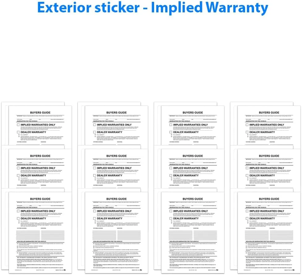 Implied Warranty Exterior Buyers Guide for Car Dealerships - 8.5" x 11" 1-Part Weather-Resistant Forms with FTC Regulations - Laser Compatible and Permanent Self-Adhesive on 4 Sides - Pack of 400